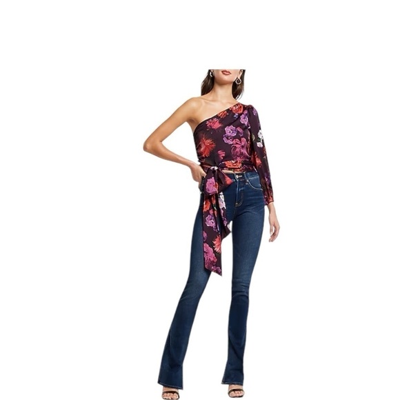 🎁Express Satin Floral One Shoulder Tie Waist Top size Small - Picture 4 of 7